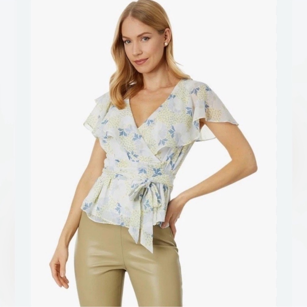 NWT TED BAKER Gemmiaa Floral Print Ruffle Wrap Blouse Sky Blue Size 1 (US 4)